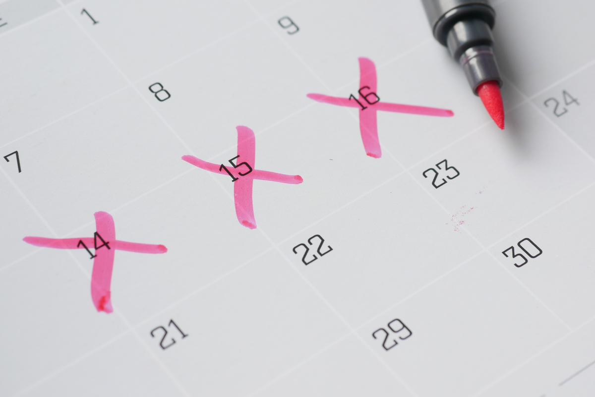 calendar with pink highlighter "x"s 3 days in a row